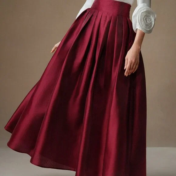 Burgundy Elegant Women's High Waisted Puff Princess Style Skirt Maxi